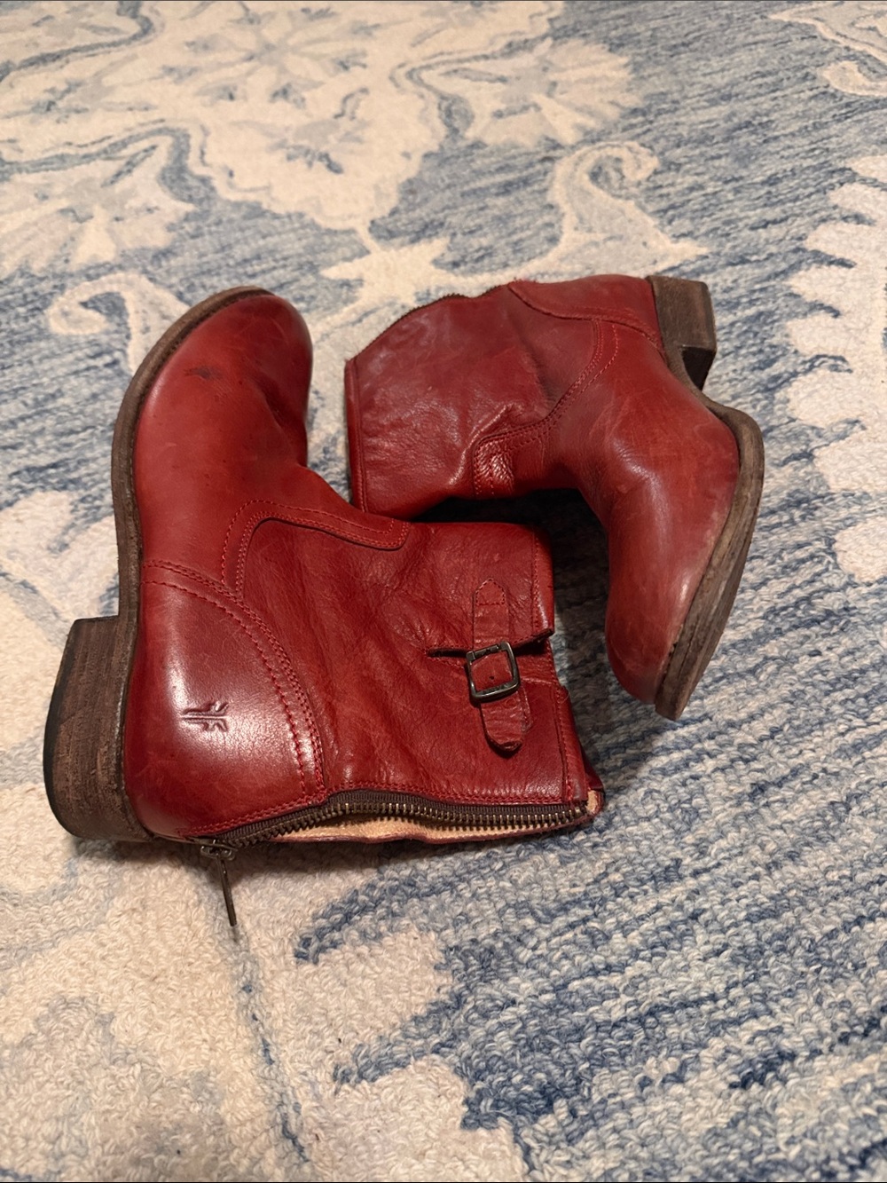 Frye Red Leather Ankle Western Boots with Low Stacked Heel